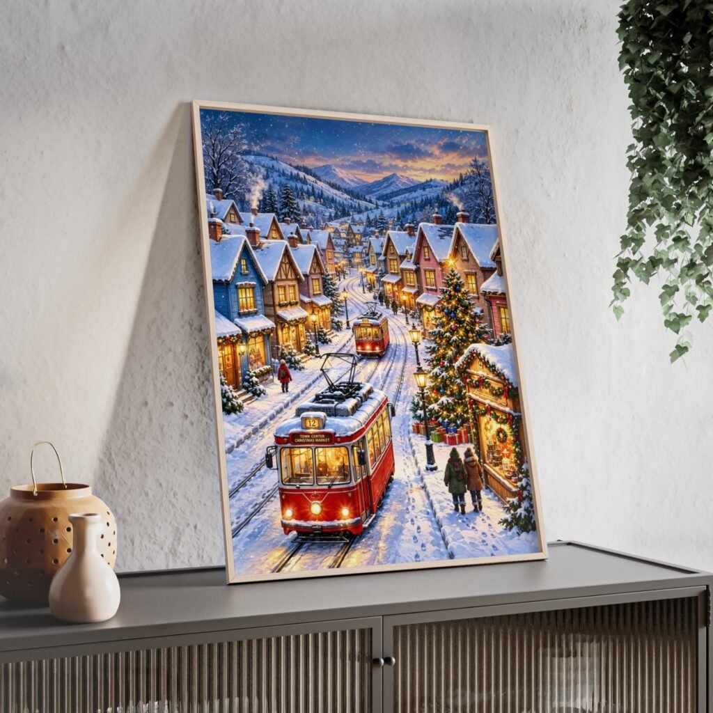 Framed Winter Village Poster — Snowy Streetcar Christmas Wall Art
