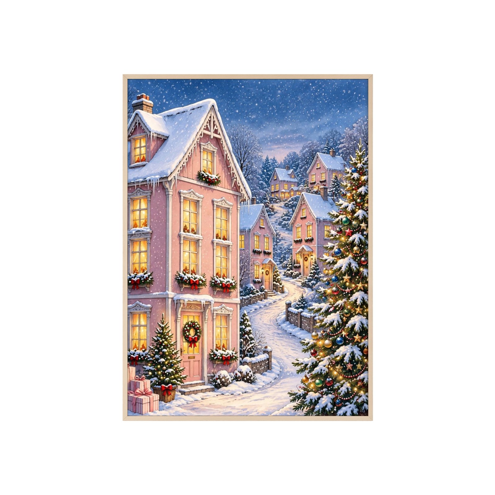 Framed Winter Village Christmas Poster – Snowy Holiday Street Wall Art - Image 1