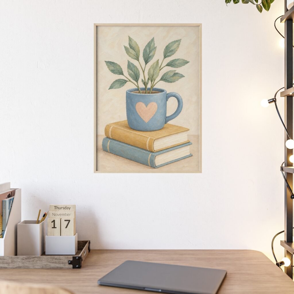 Botanical Coffee Mug Wall Art Poster with Wooden Frame — Cozy Plant & Books Print
