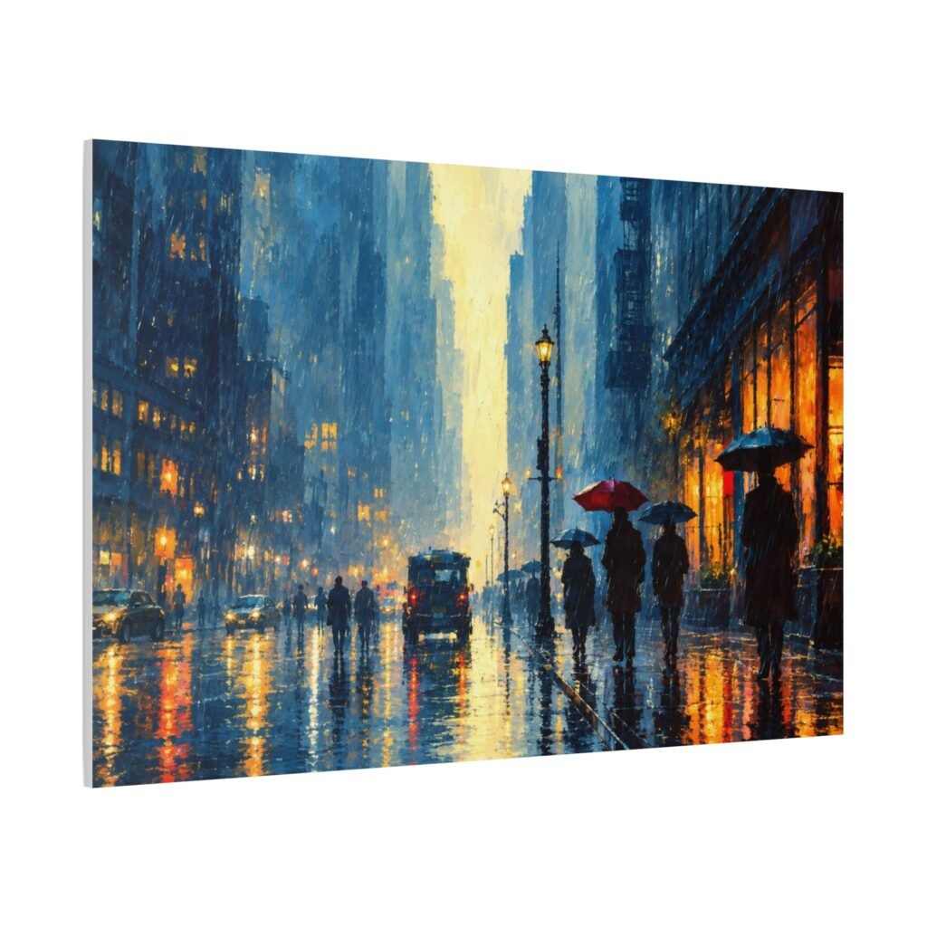 City Rainfall Canvas Print — Impressionist Urban Street Scene with Umbrellas
