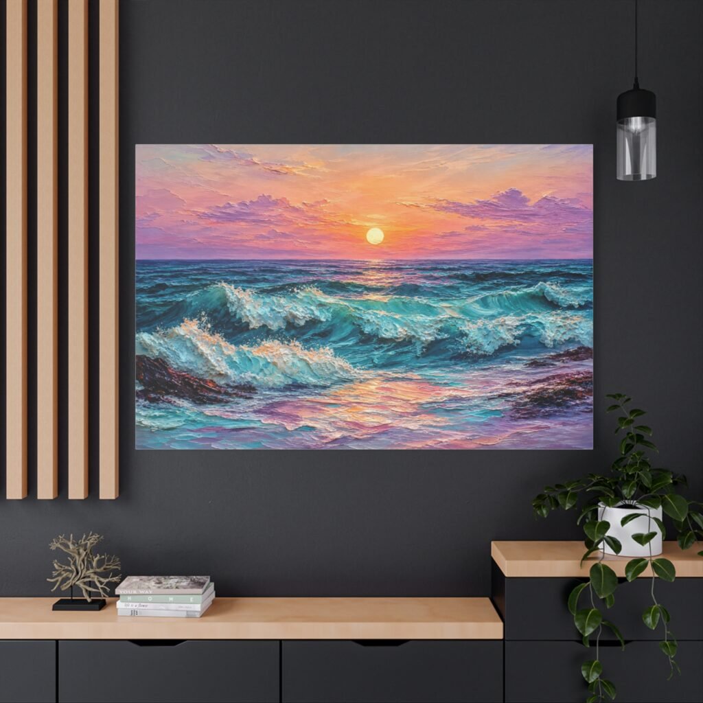 Sunset Ocean Waves Matte Canvas Print — Seaside Beach Wall Art