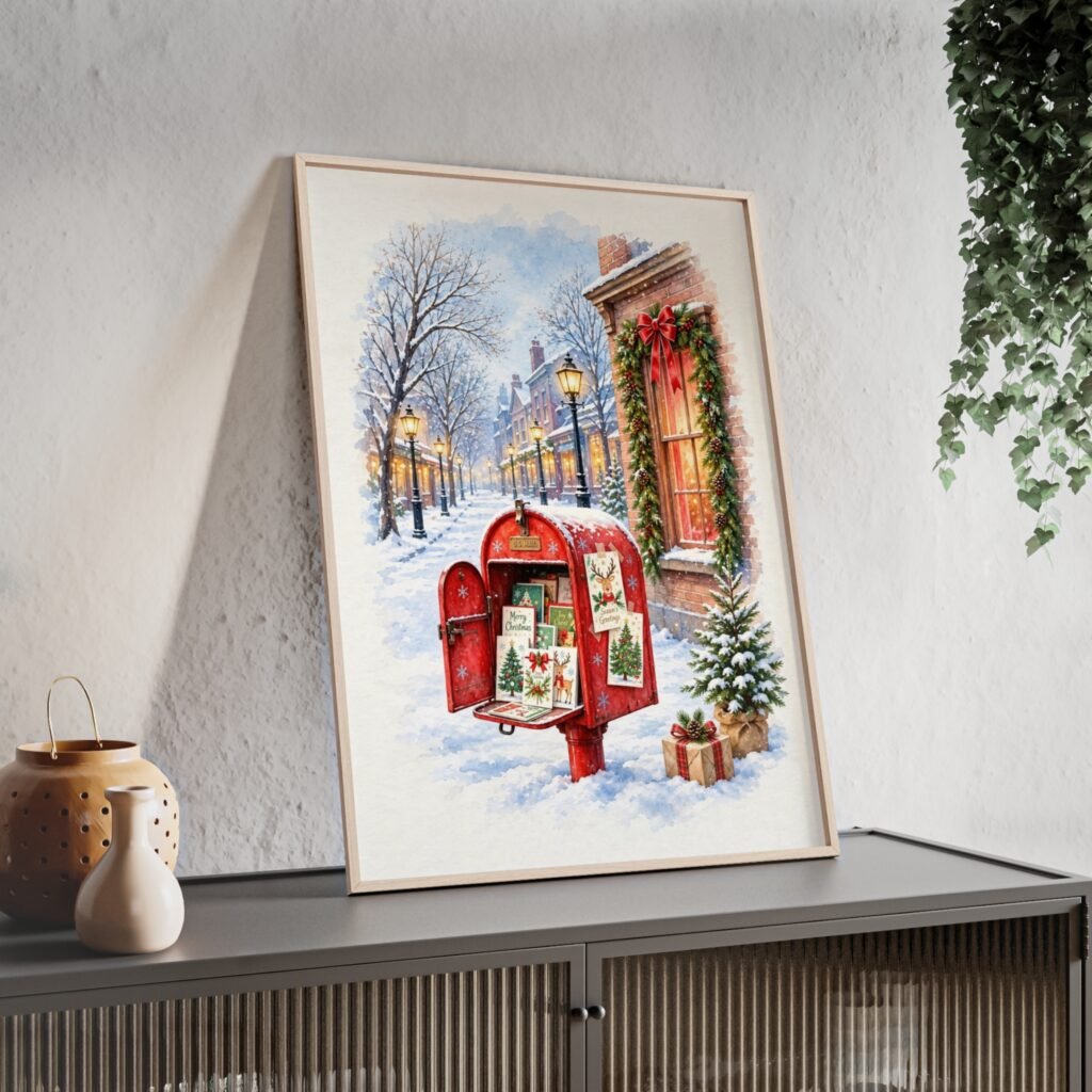 Christmas Mailbox Winter Street Holiday Poster with Wooden Frame