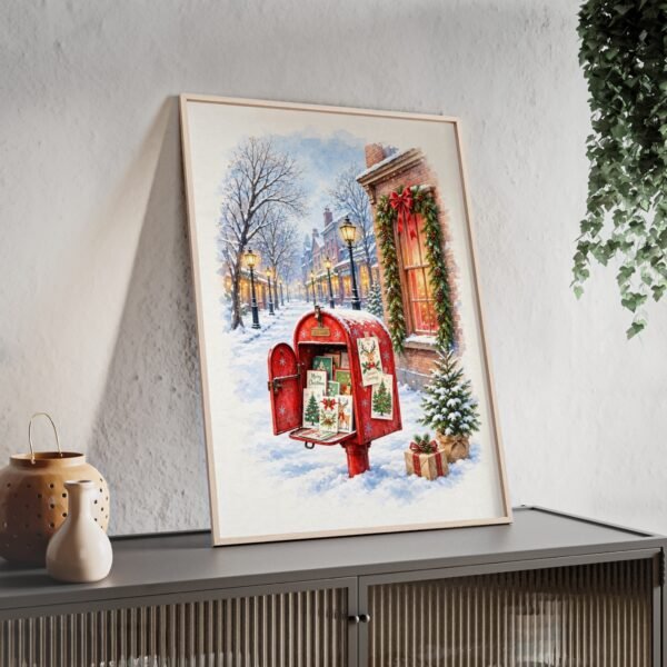 Christmas Mailbox Winter Street Holiday Poster with Wooden Frame - Image 3