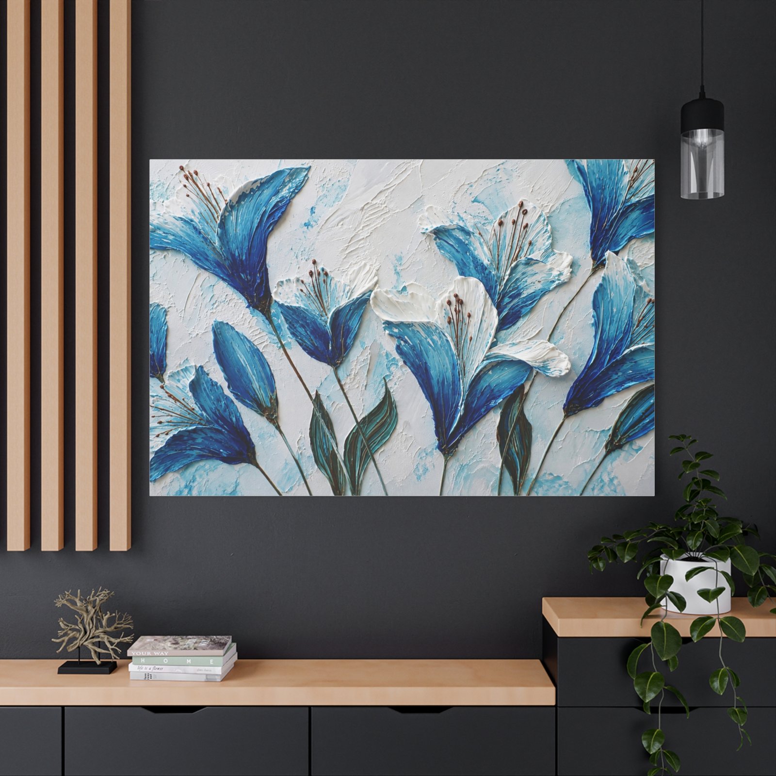 Blue Floral Canvas Wall Art – Textured Stretched Matte Canvas - Image 4
