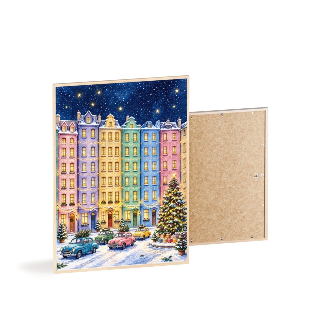 Framed Holiday Street Poster — Colorful Snowy Town Christmas Wall Art