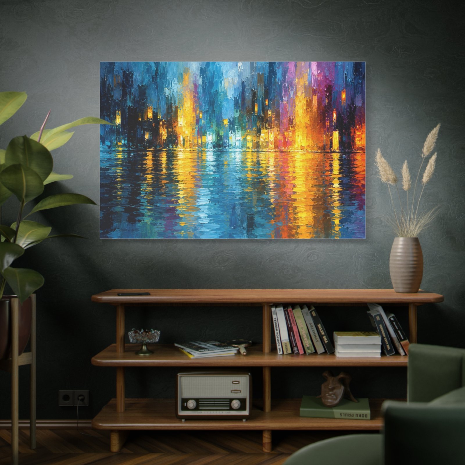Abstract City Nightscape Canvas Print — Colorful Reflections Matte Stretched Wall Art - Image 5