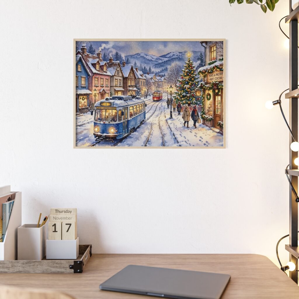 Christmas Vintage Street Poster with Wooden Frame