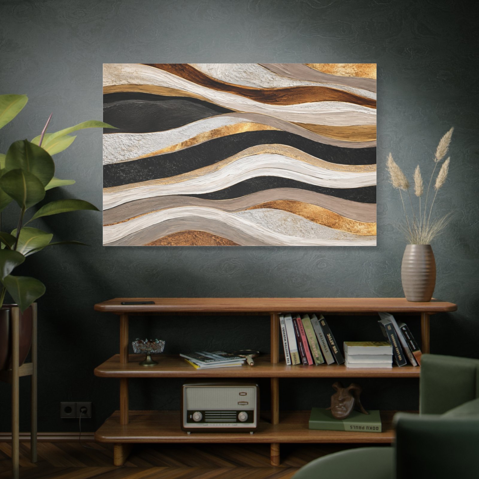 Abstract Wavy Gold & Black Matte Canvas Wall Art - Image 5