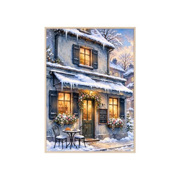 Winter Cottage Snowy Street Poster with Wooden Frame — Cozy Holiday Wall Art - Image 1