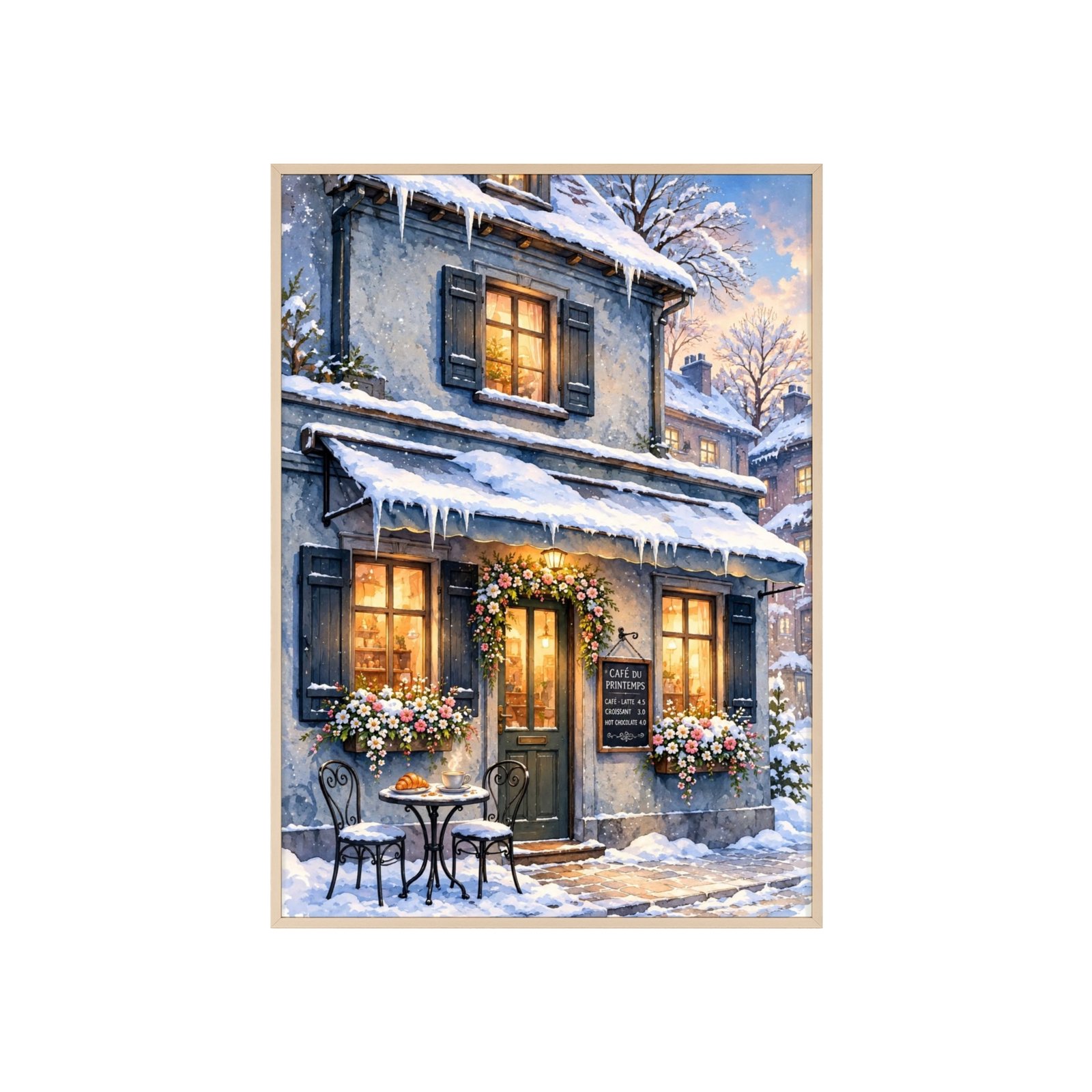 Winter Cottage Snowy Street Poster with Wooden Frame — Cozy Holiday Wall Art - Image 1