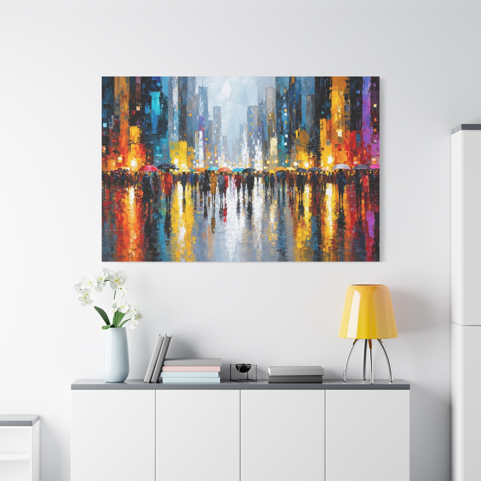 Canvas Wall Art - Colorful Cityscape Rain Reflection Matte Stretched Canvas - Image 3