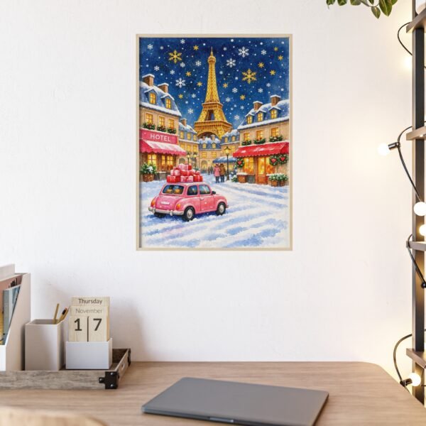 Eiffel Tower Winter Street Poster with Wooden Frame — Festive Paris Holiday Wall Art - Image 2