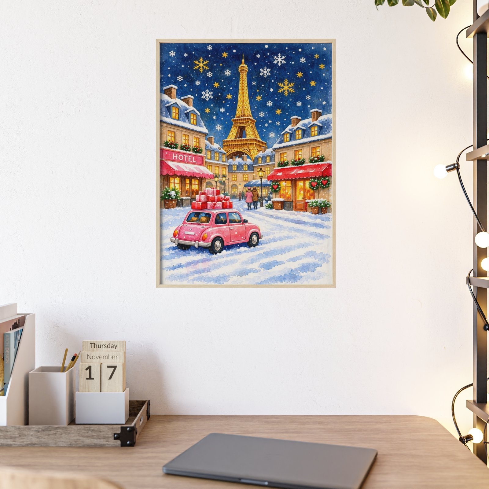 Eiffel Tower Winter Street Poster with Wooden Frame — Festive Paris Holiday Wall Art - Image 2