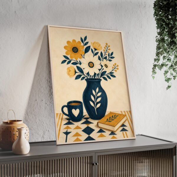 Floral Still Life Poster with Wooden Frame – Yellow & Navy Vase Print - Image 2