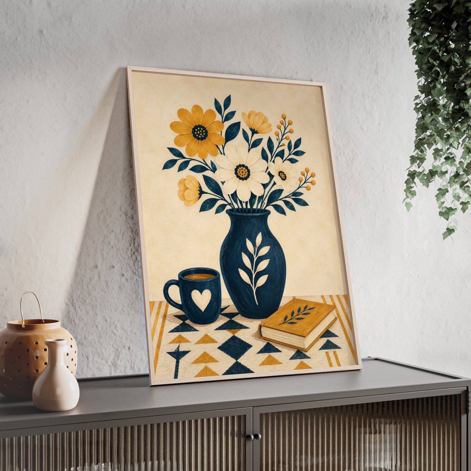 Floral Still Life Poster with Wooden Frame – Yellow & Navy Vase Print - Image 2