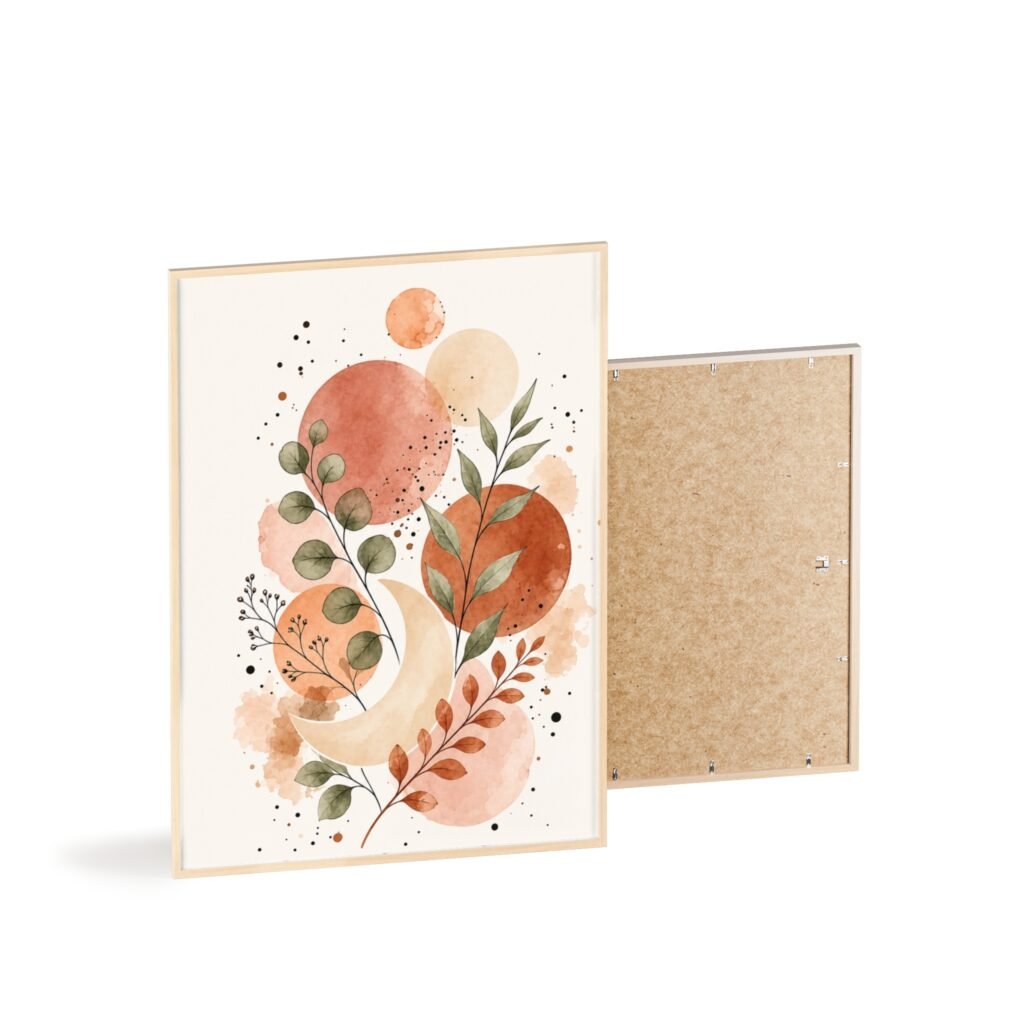 Boho Watercolor Print with Wooden Frame — Abstract Terracotta Leaves Poster