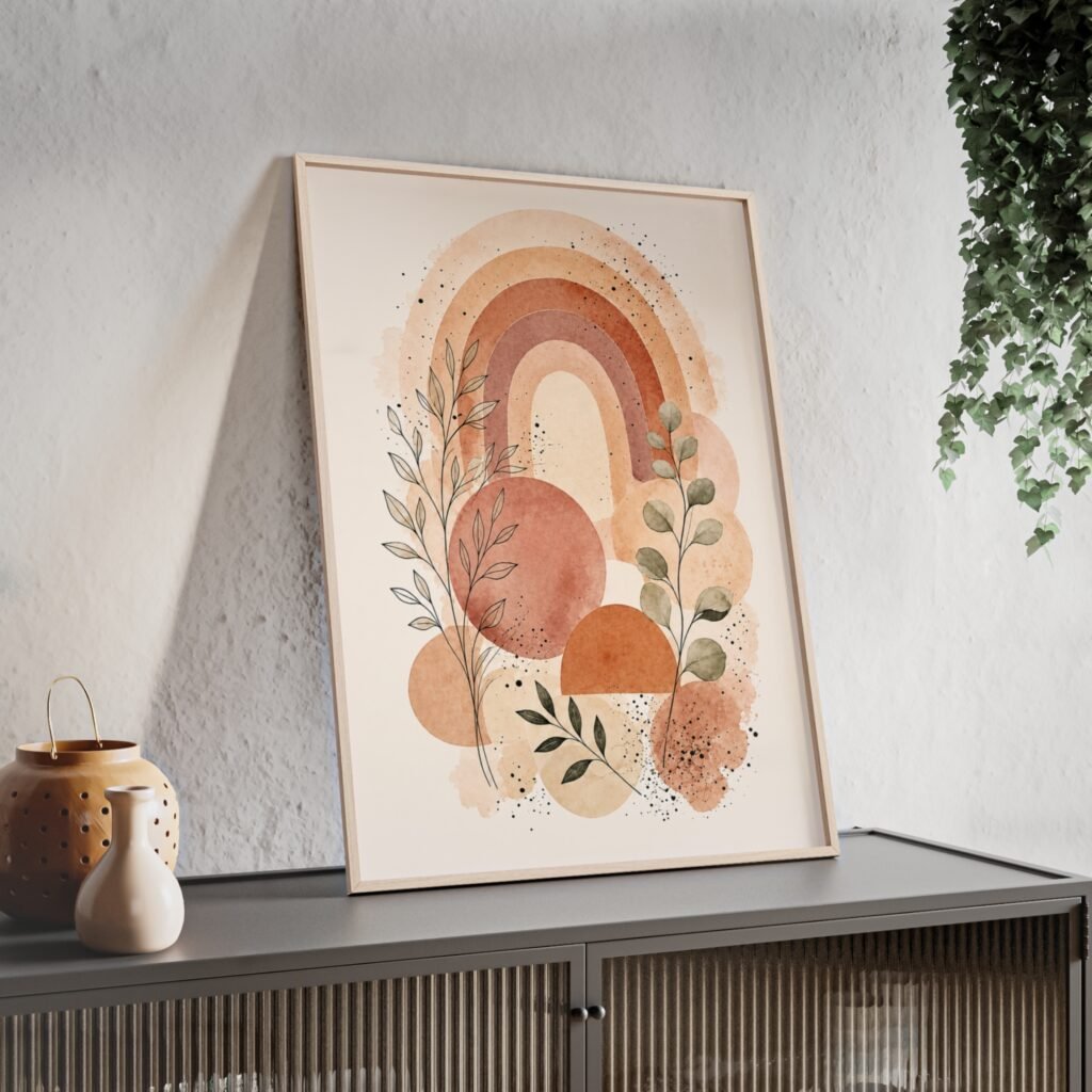 Framed Boho Rainbow Wall Art Poster — Earth Tone Abstract Botanical Print