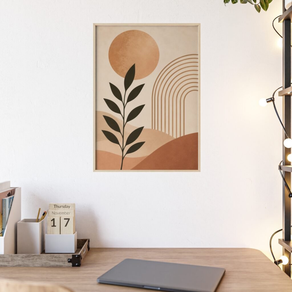 Abstract Boho Sun & Leaf Poster — Framed Wooden Wall Art