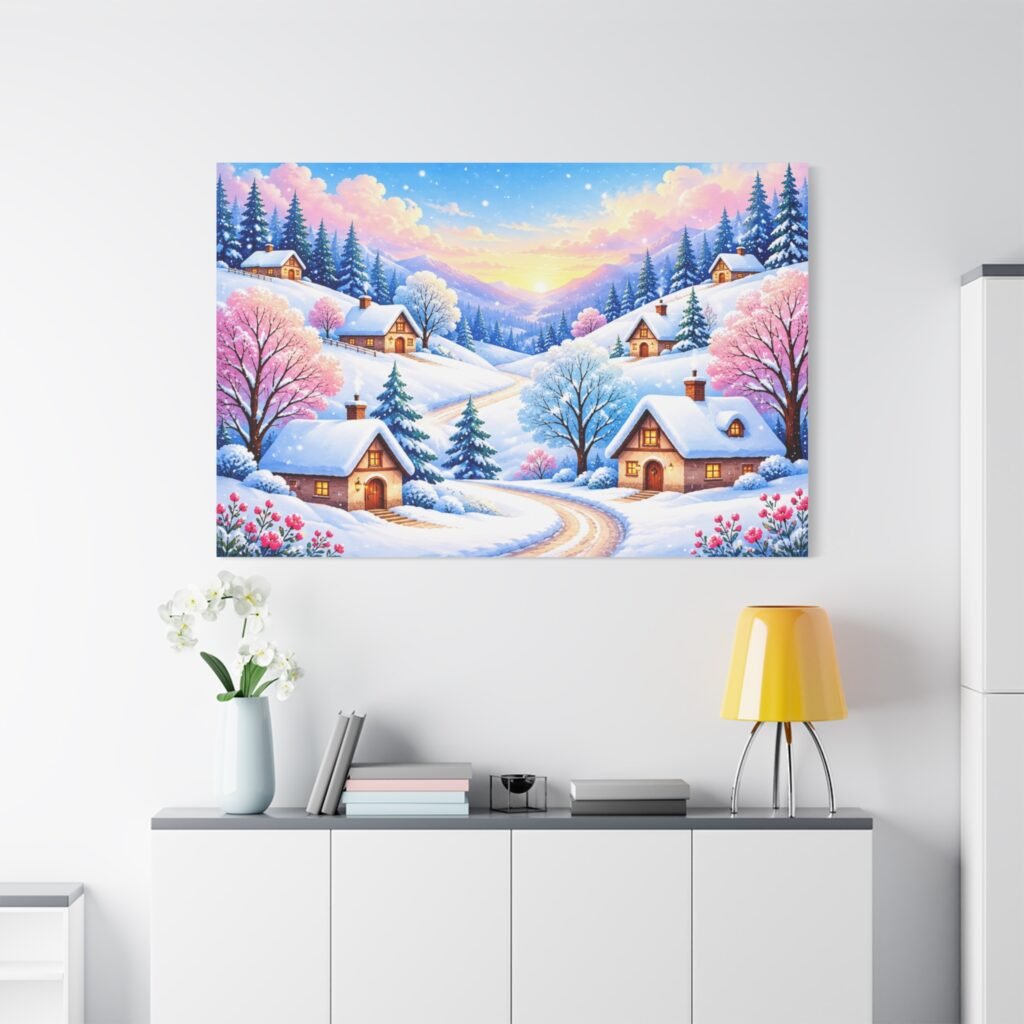 Winter Cottage Canvas Wall Art — Stretched Matte Landscape Print