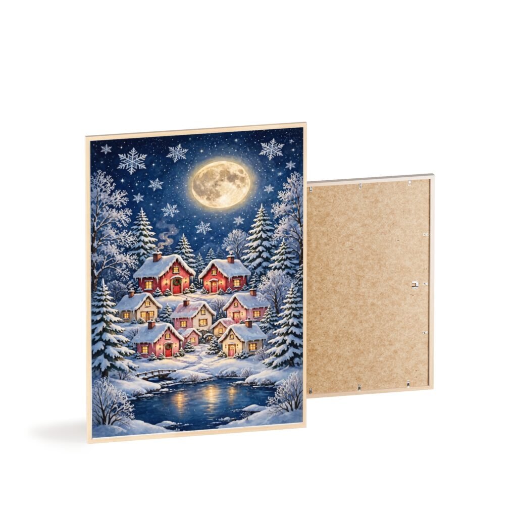 Christmas Village Winter Moon Poster with Wooden Frame
