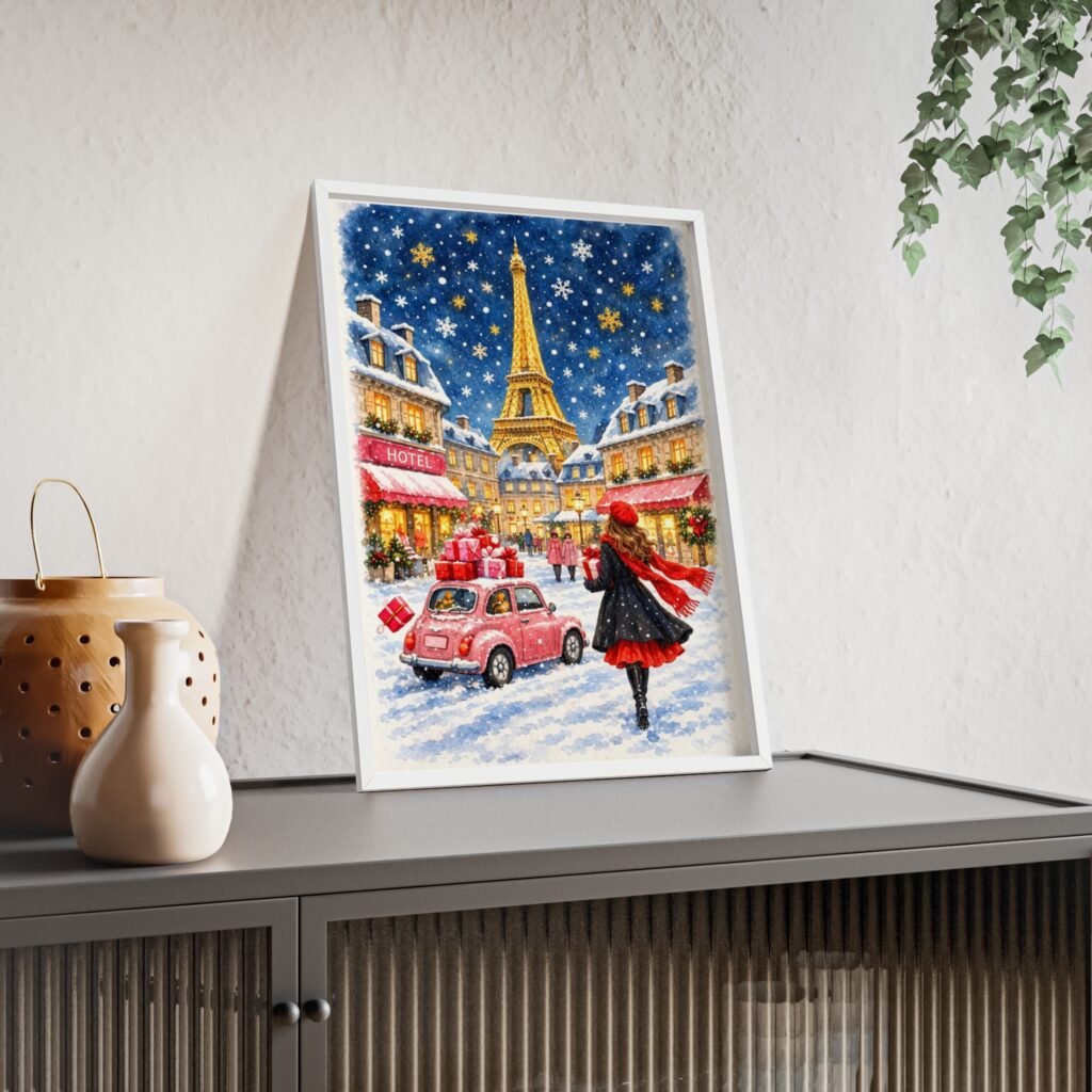 Paris Winter Holiday Poster with Wooden Frame — Eiffel Tower Christmas Street Scene