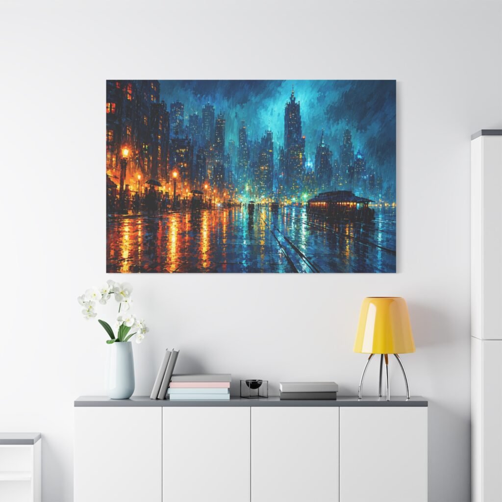 City Lights Matte Canvas Print — Rainy Night Urban Skyline Wall Art
