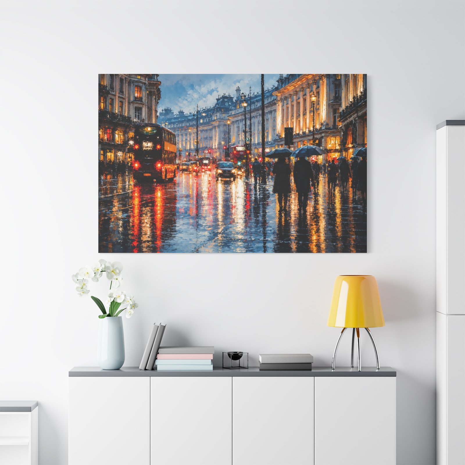 London Rain Street Scene Matte Stretched Canvas (1.25") - Image 3
