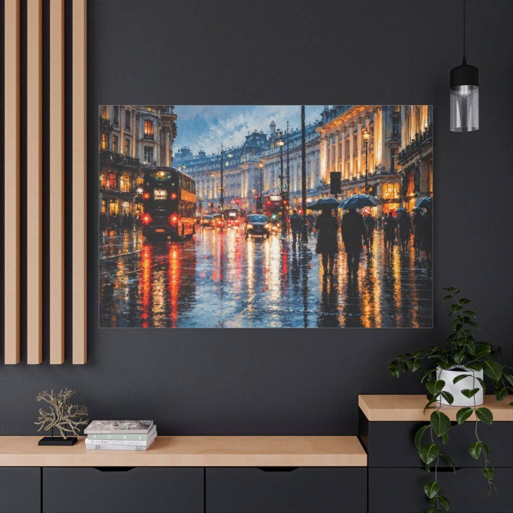 London Rain Street Scene Matte Stretched Canvas (1.25")