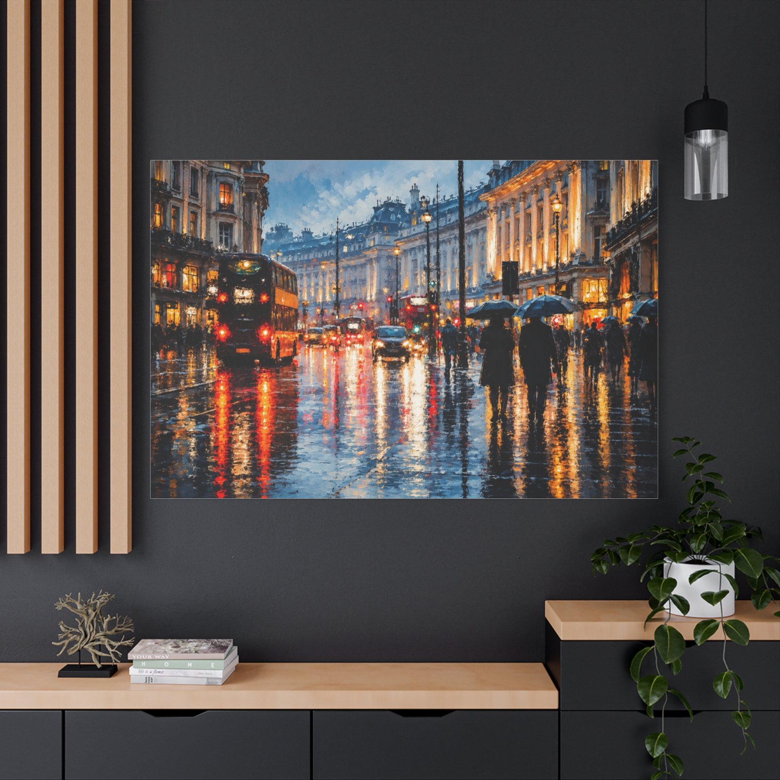London Rain Street Scene Matte Stretched Canvas (1.25") - Image 4