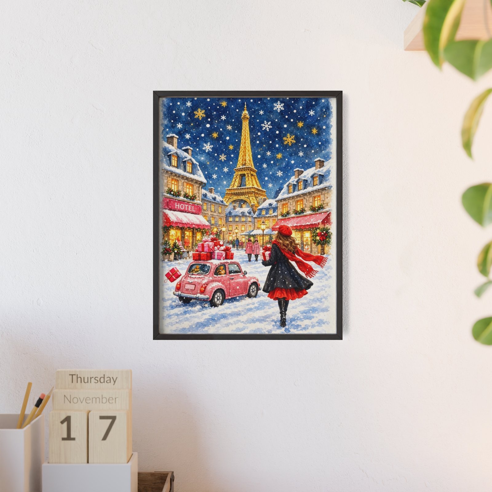 Paris Winter Holiday Poster with Wooden Frame — Eiffel Tower Christmas Street Scene - Image 4