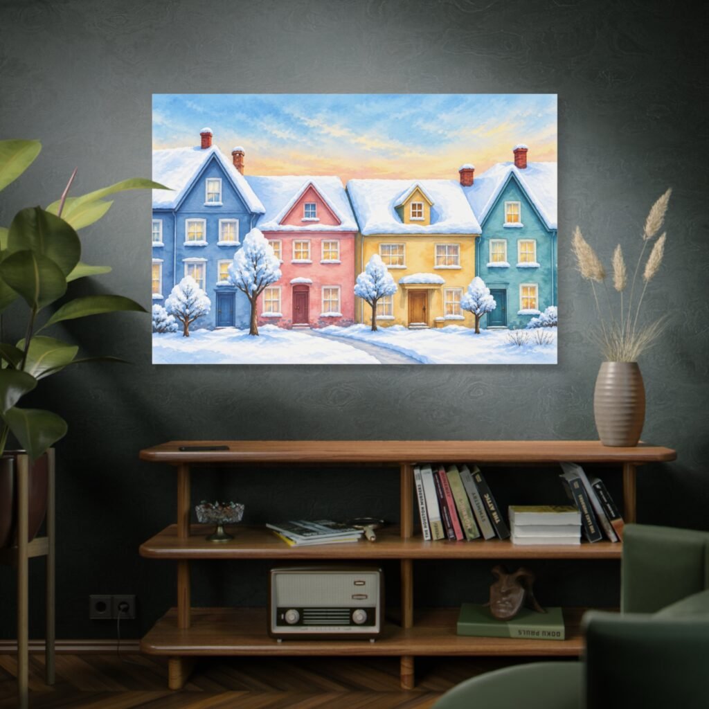Winter Cottage Row Matte Canvas Wall Art — Stretched 1.25"