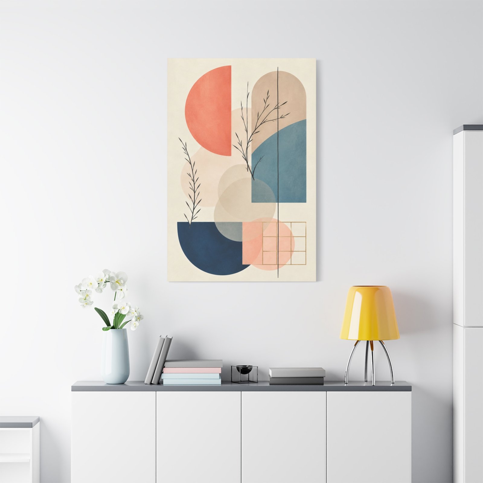 Abstract Geometric Canvas Wall Art — Modern Pastel Shapes with Botanical Line Accents - Image 1