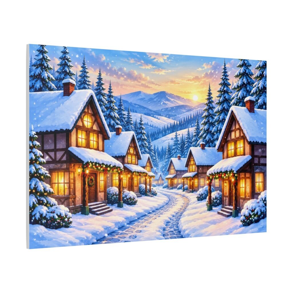 Winter Village Matte Canvas Print — Snowy Cottage Landscape Wall Art