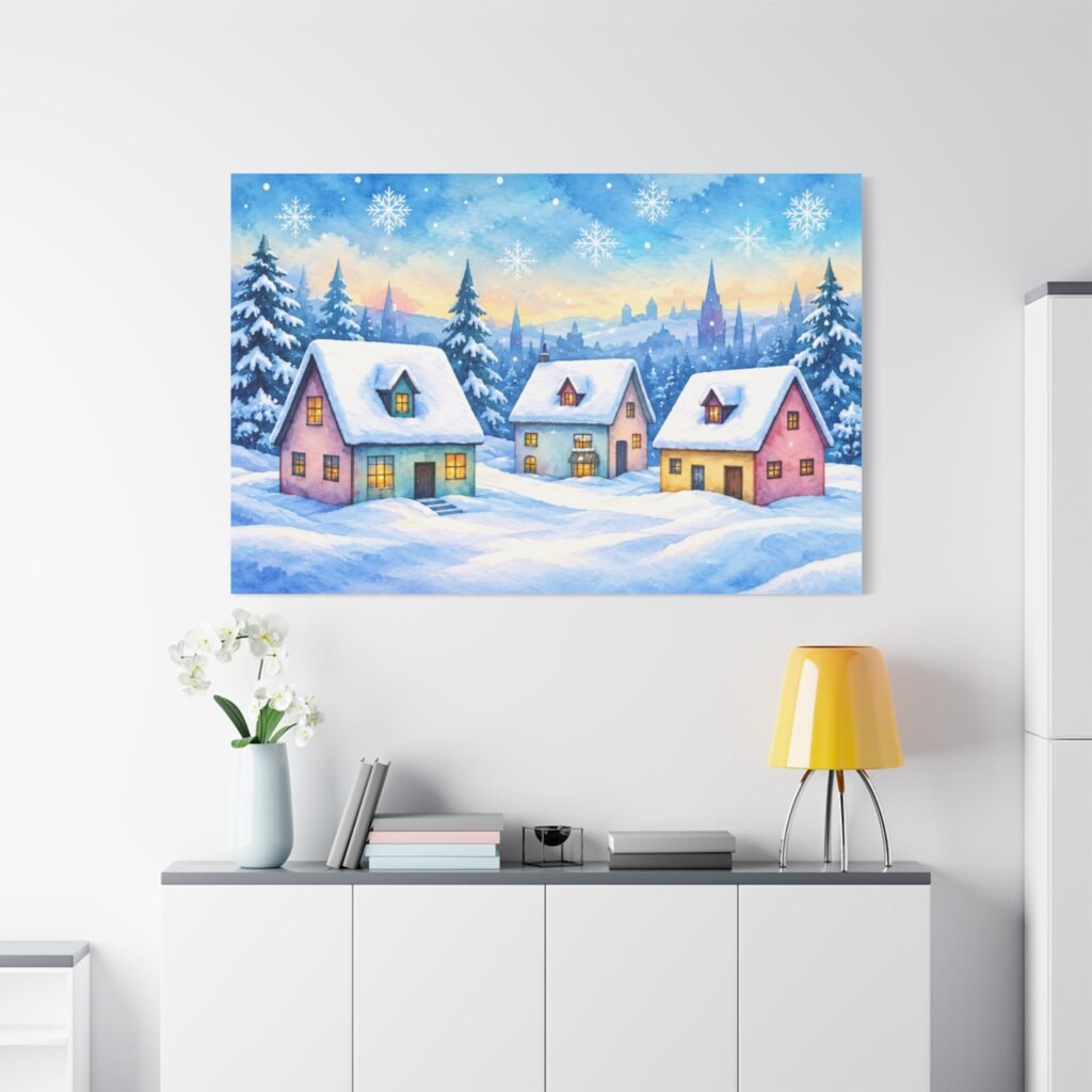 Winter Village Snow Scene Matte Canvas Wall Art — Stretched 1.25"