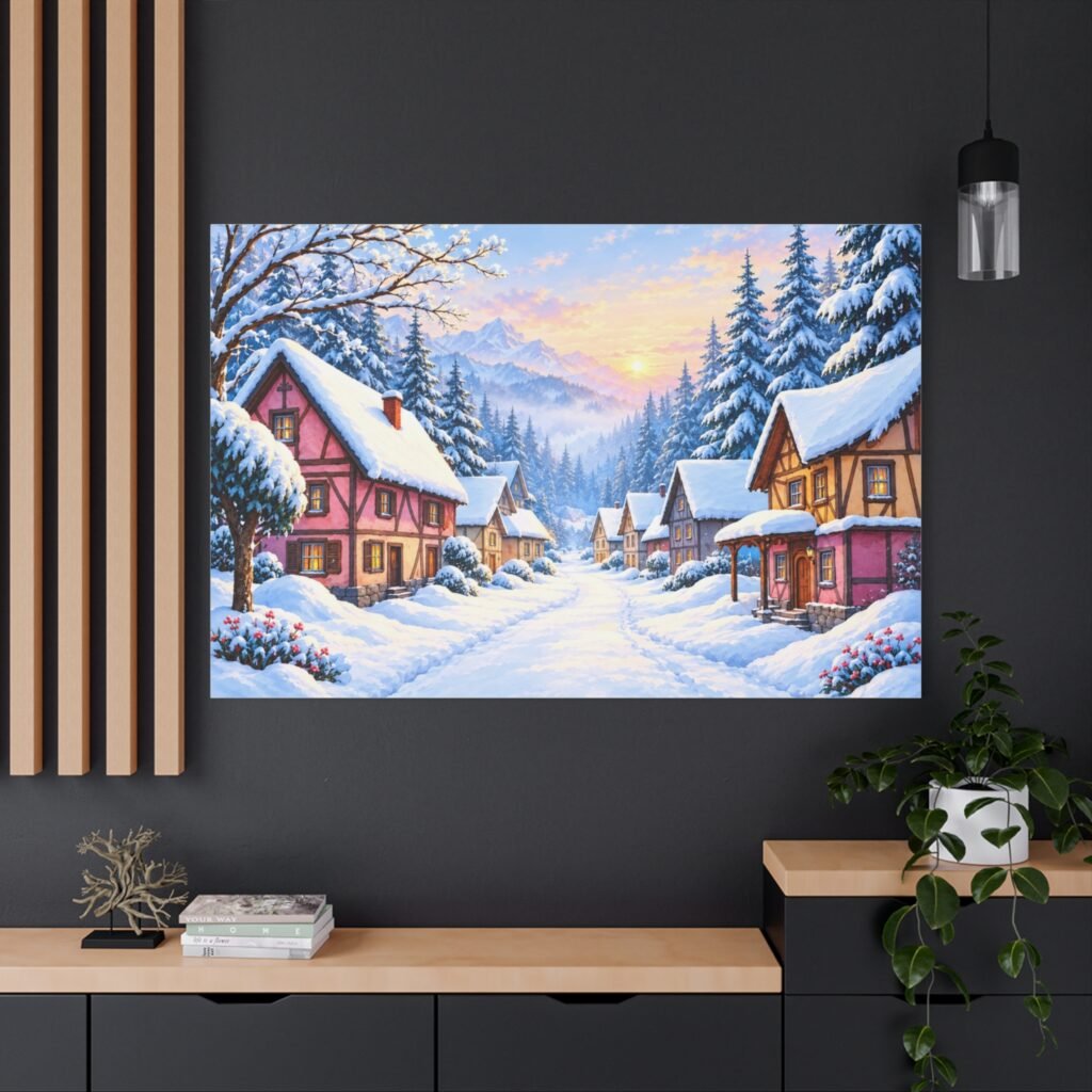 Winter Village Canvas Print — Snowy Sunset Cottage Wall Art