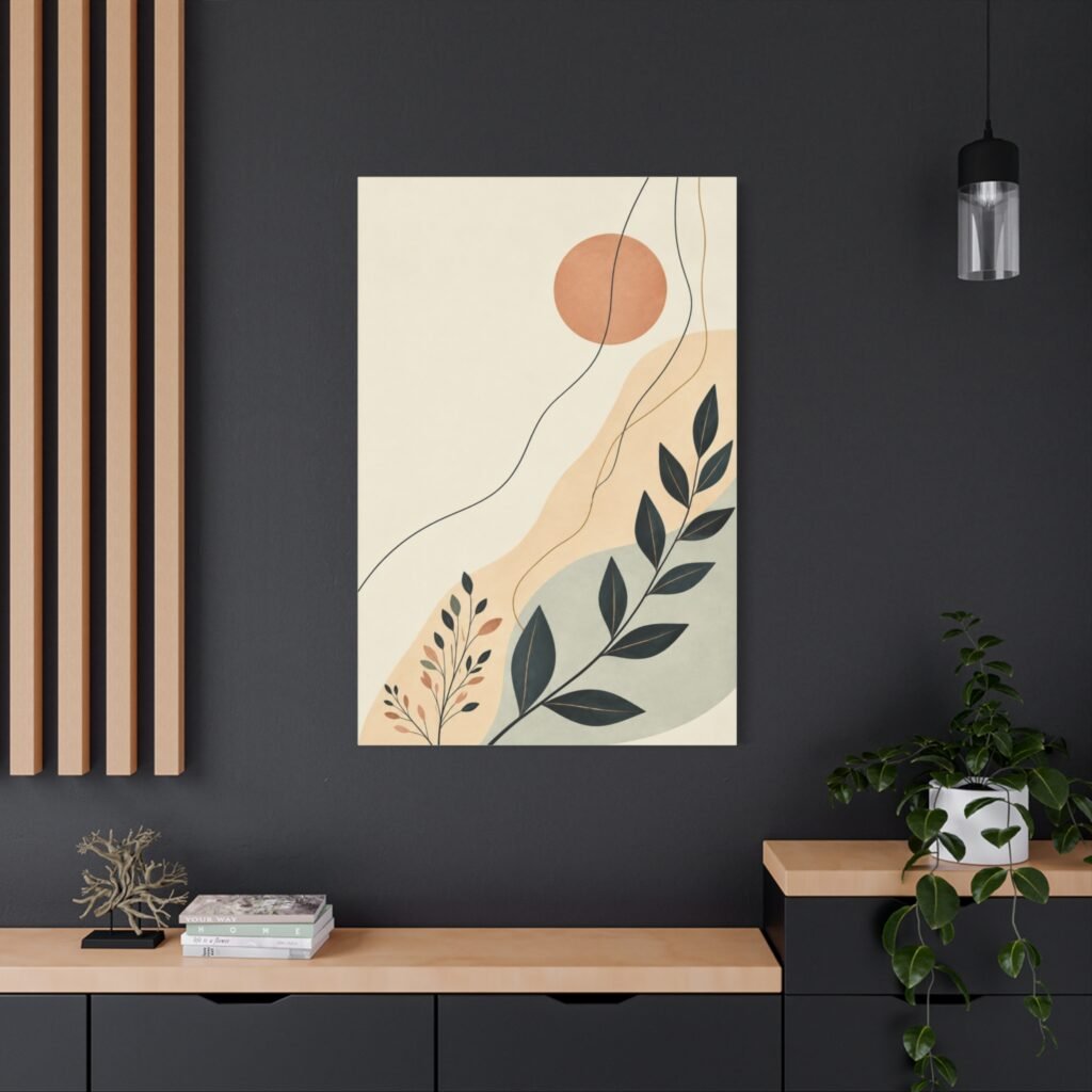 Abstract Botanical Canvas Wall Art — Minimal Sun & Leaf Matte Stretched Canvas