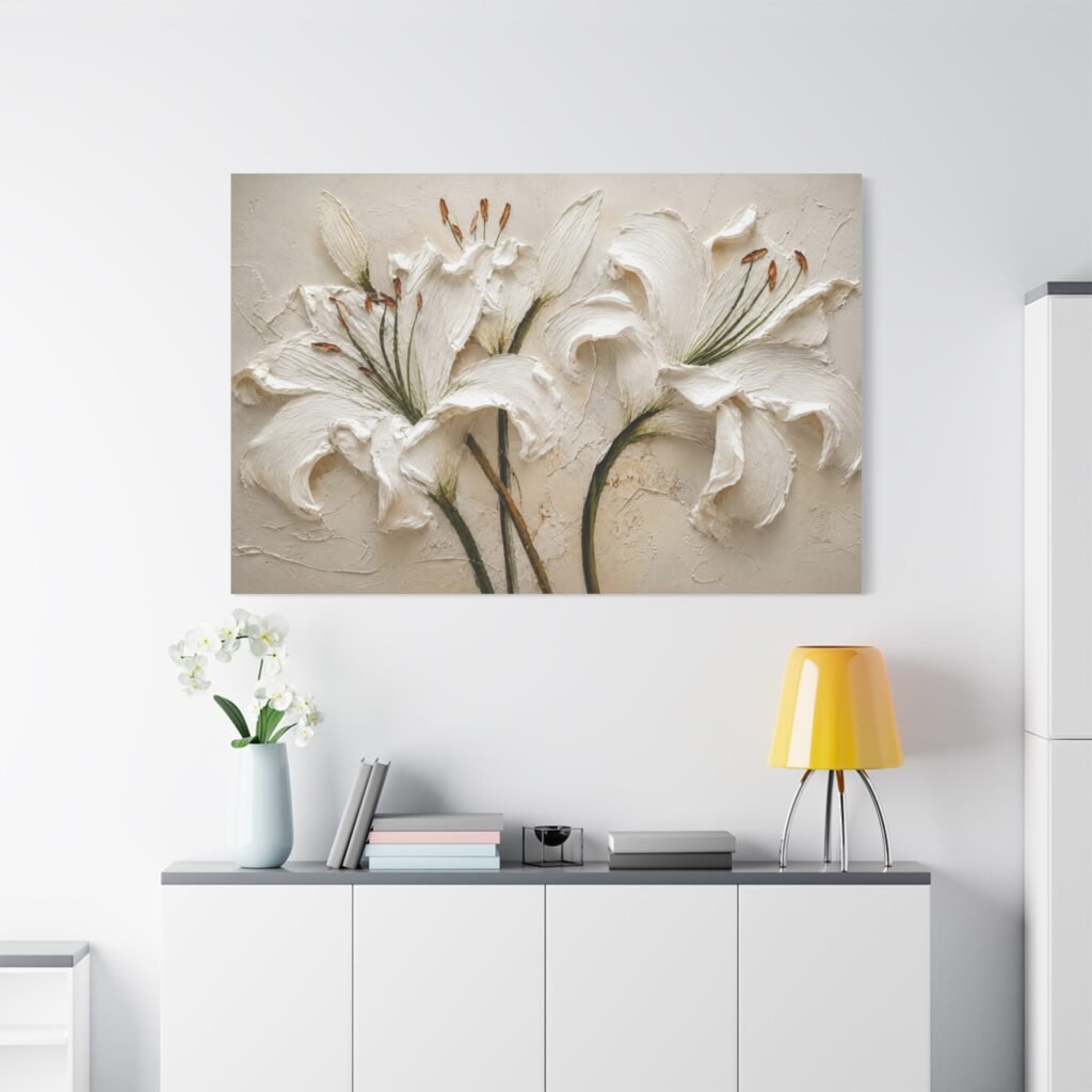 White Lily Textured Canvas Wall Art — Stretched Matte Floral Painting