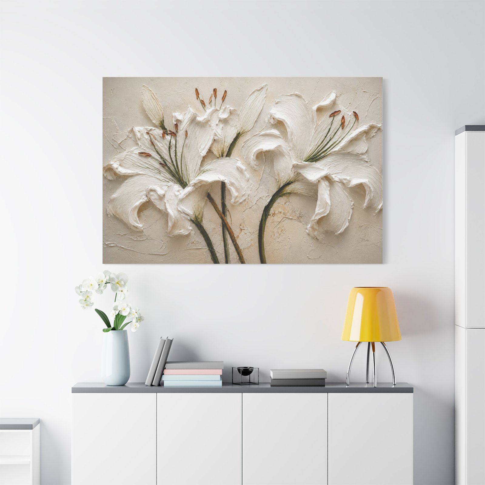 White Lily Textured Canvas Wall Art — Stretched Matte Floral Painting - Image 1