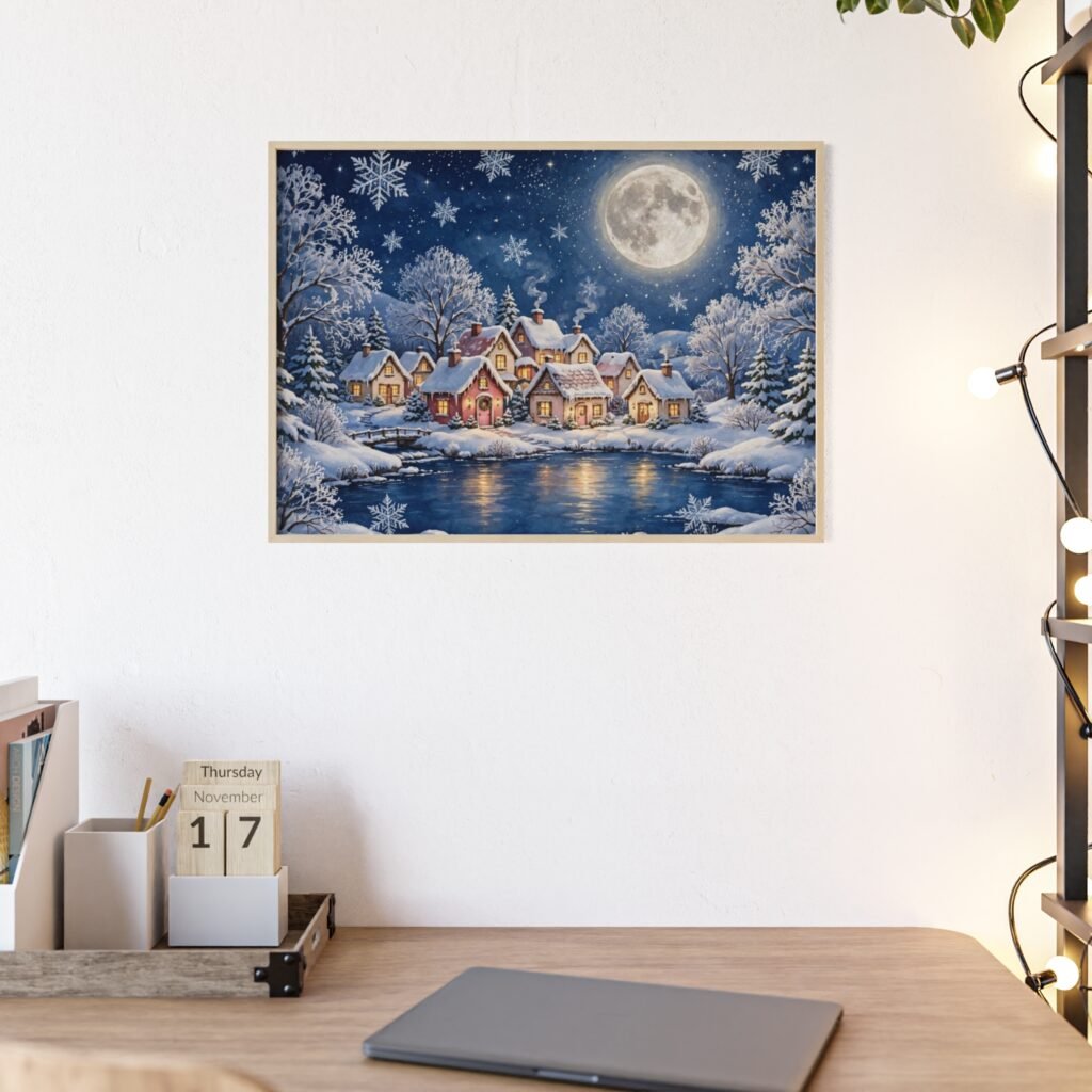 Framed Winter Village Poster — Moonlit Snowy Cottage Wall Art