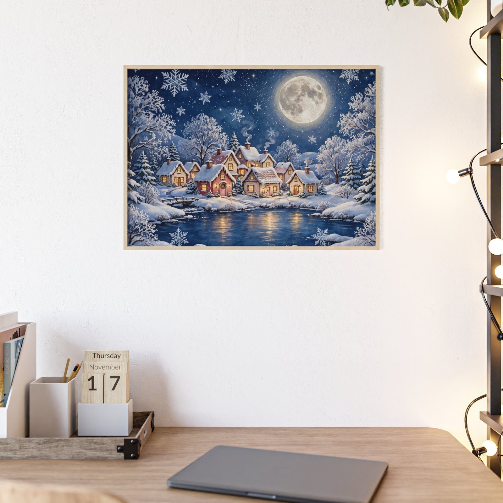 Framed Winter Village Poster — Moonlit Snowy Cottage Wall Art - Image 2