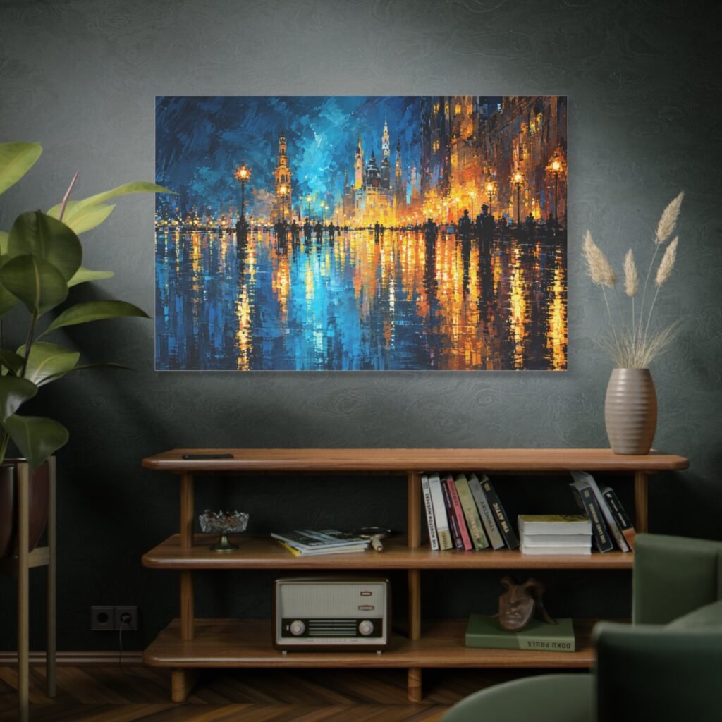 City Lights Abstract Matte Canvas Wall Art — Blue & Gold Stretched Canvas