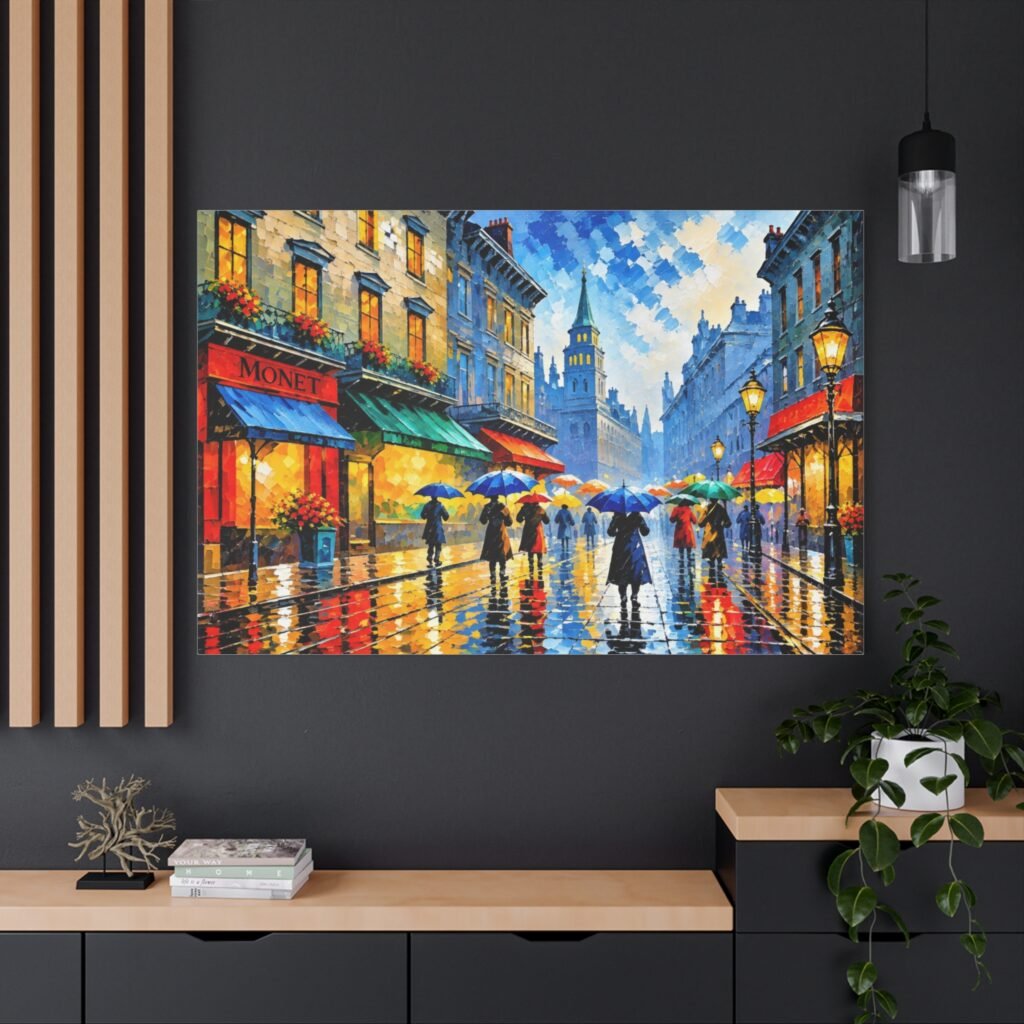 City Rain Street Canvas Wall Art – Colorful Impressionist Umbrella Scene, Matte Stretched Print