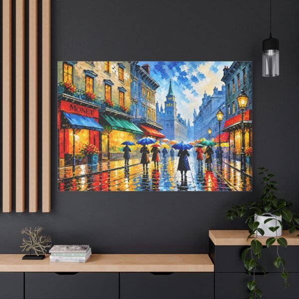 City Rain Street Canvas Wall Art – Colorful Impressionist Umbrella Scene, Matte Stretched Print - Image 4