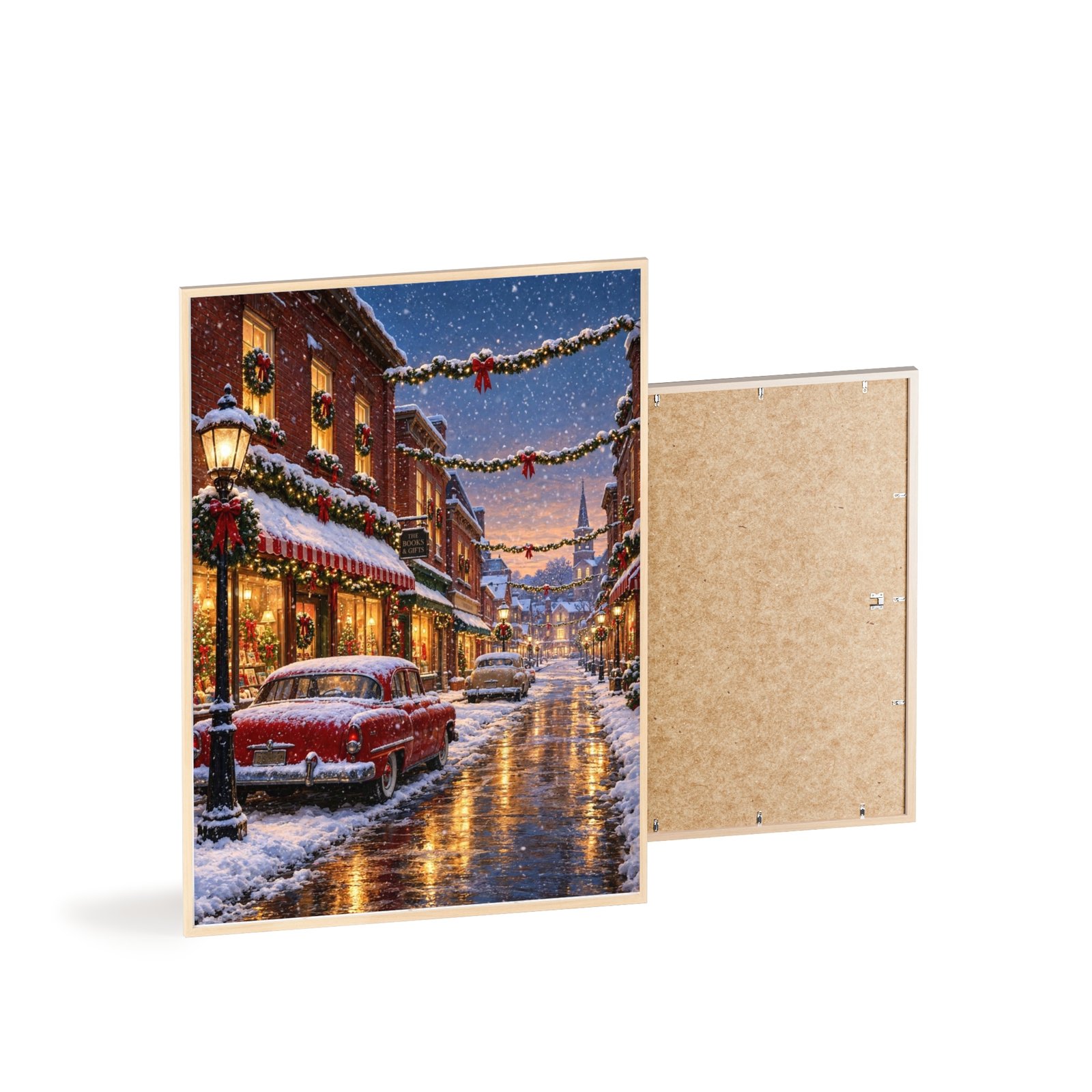 Christmas Snowy Street Poster with Wooden Frame – Vintage Holiday Wall Art - Image 4
