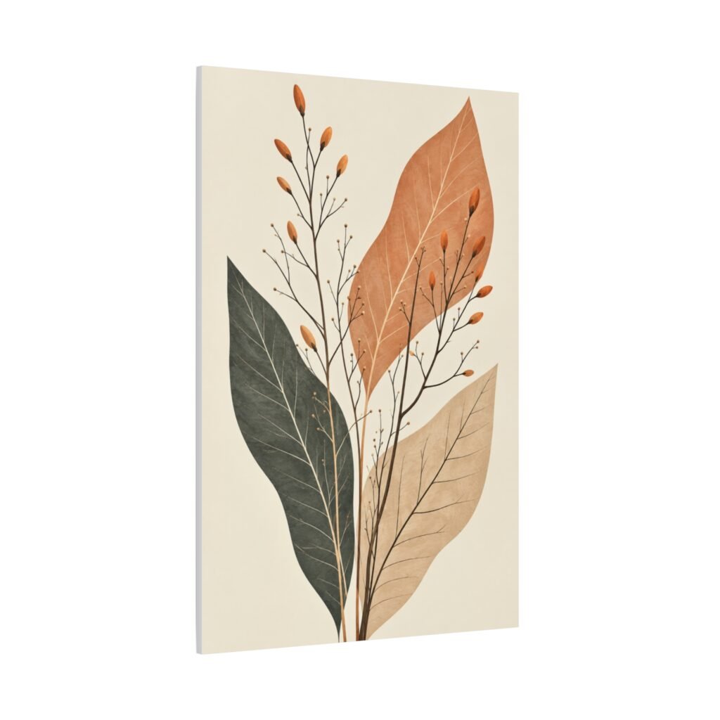 Botanical Minimalist Canvas Wall Art — Earth Tone Leaf Print (Matte Stretched)