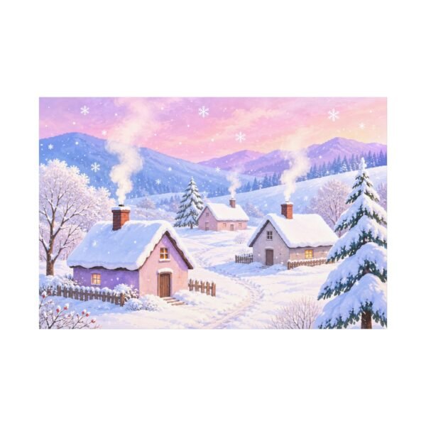 Winter Cottage Canvas Wall Art – Snowy Village Landscape Matte Stretched Print - Image 1