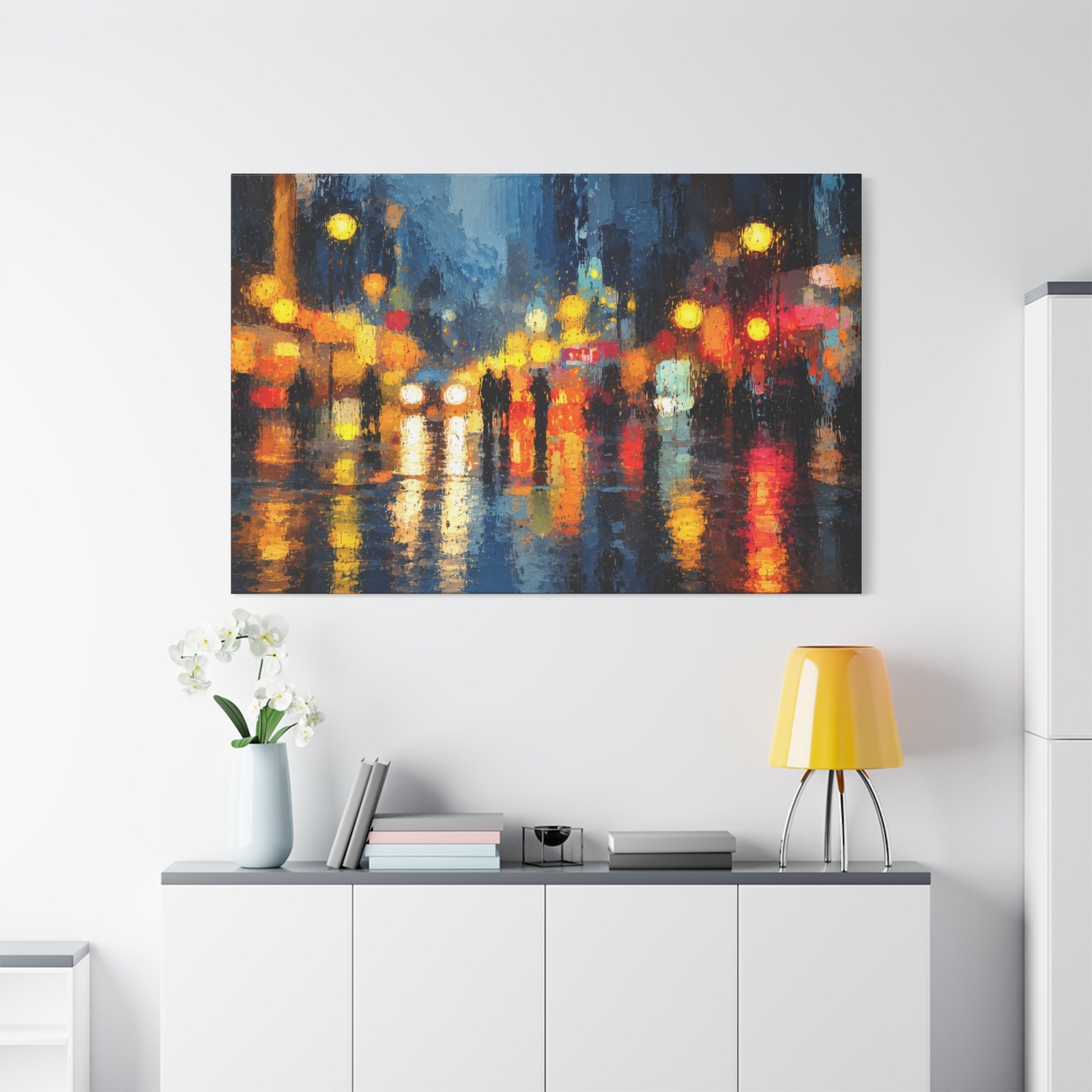 City Night Rainscape Matte Canvas Wall Art — Abstract Urban Street Lights Painting - Image 2
