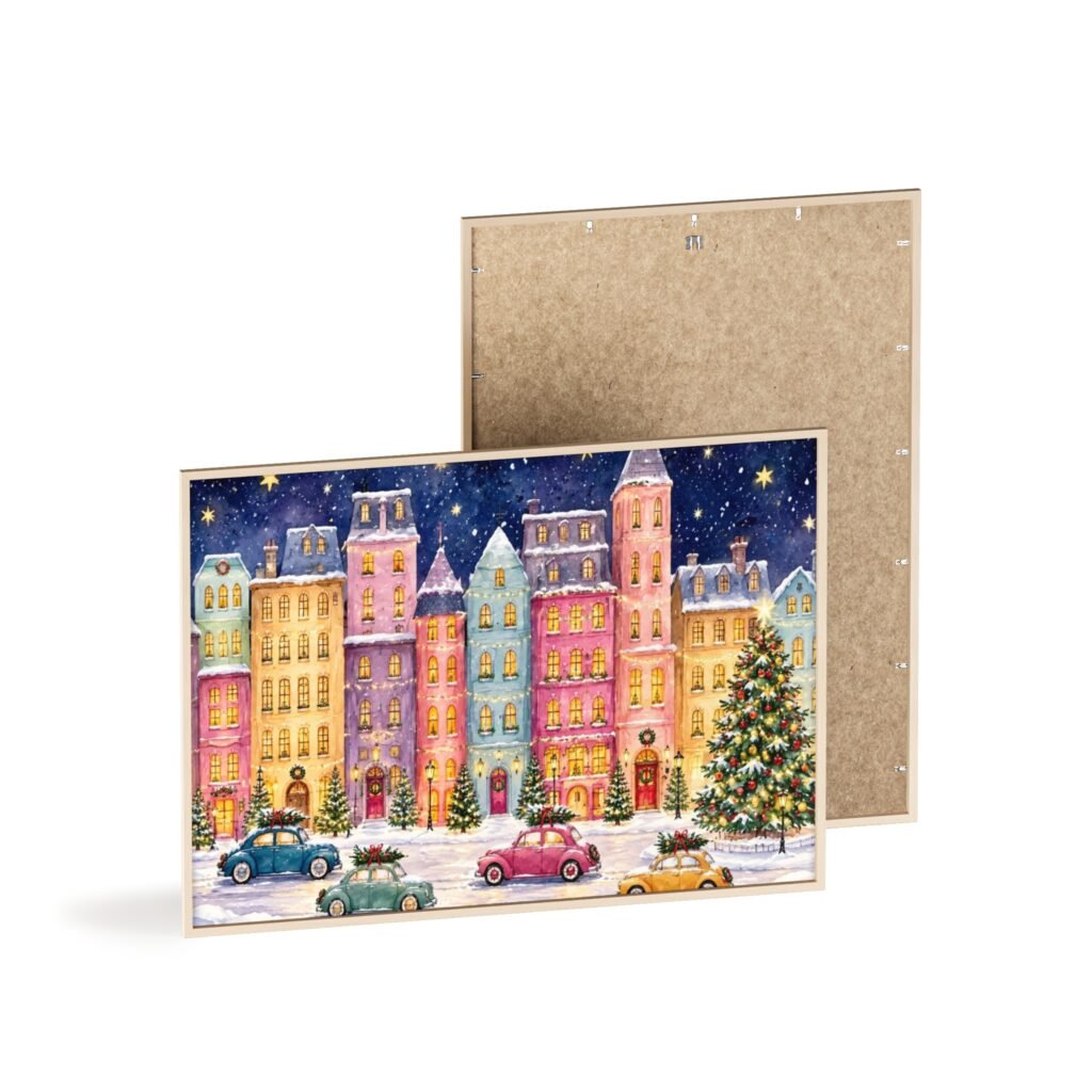 Christmas City Street Poster with Wooden Frame — Festive Winter Holiday Wall Art