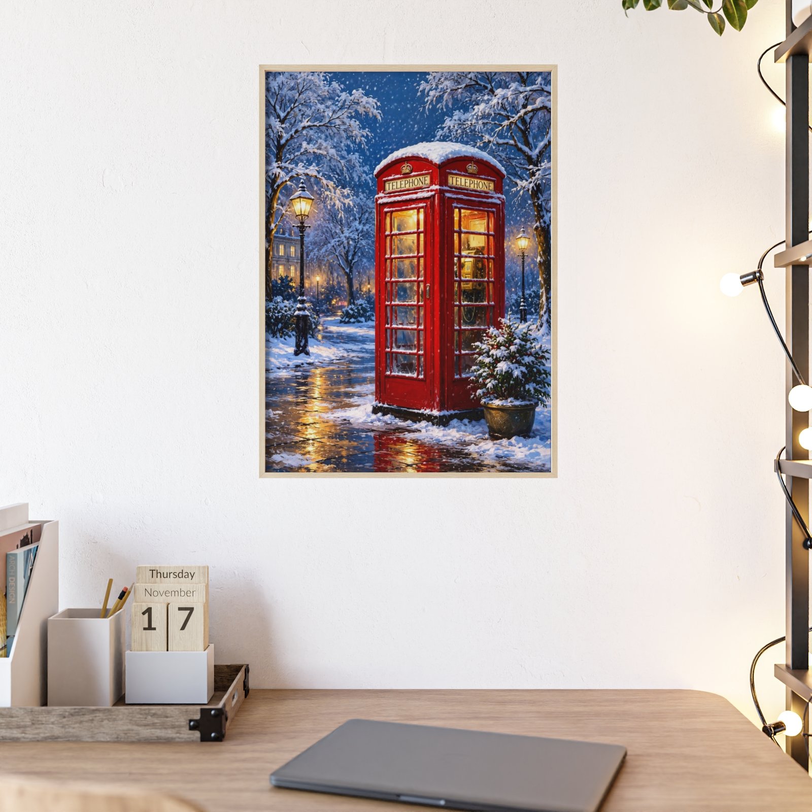 Framed Winter London Phone Booth Poster — Snowy Street Holiday Wall Art - Image 2