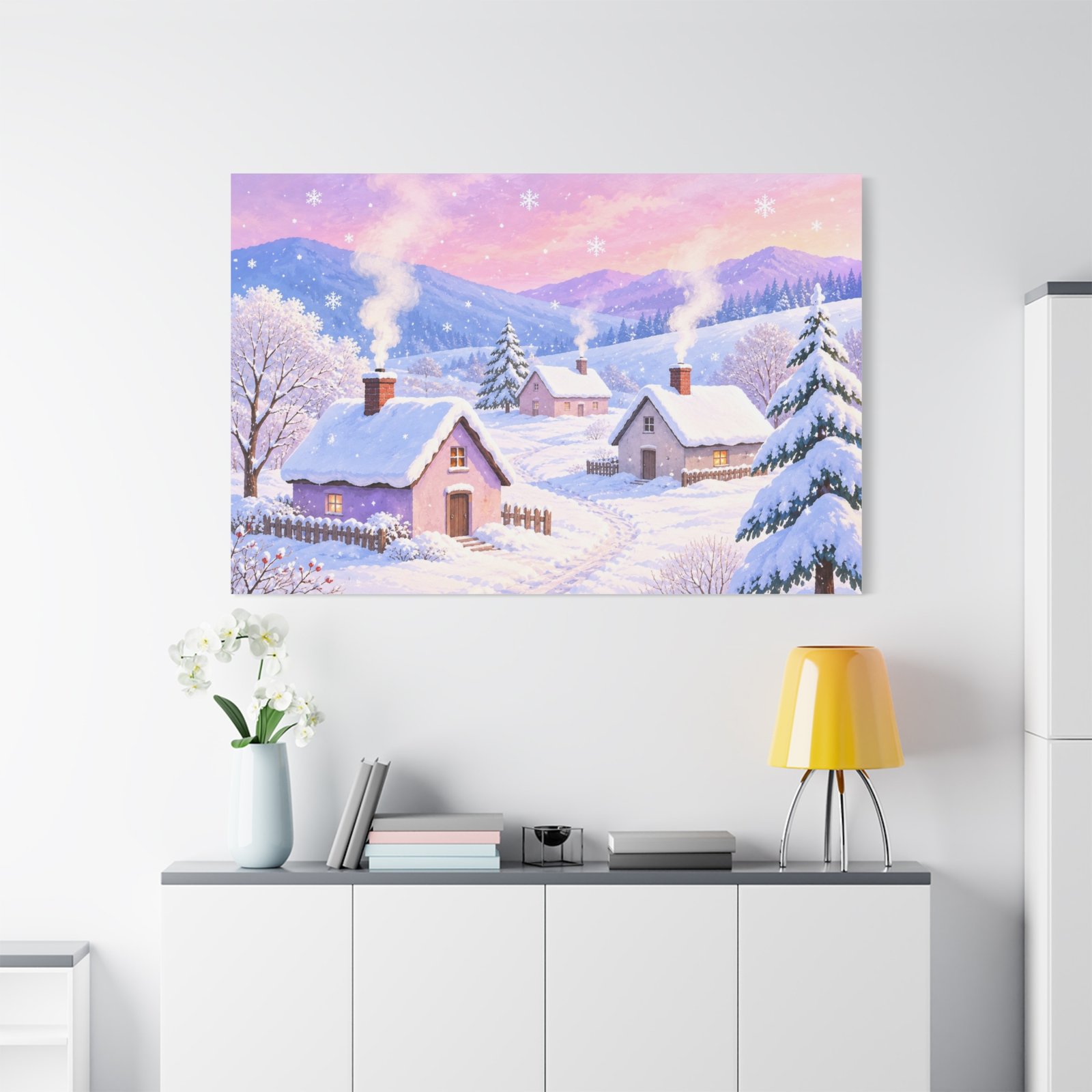 Winter Cottage Canvas Wall Art – Snowy Village Landscape Matte Stretched Print - Image 3